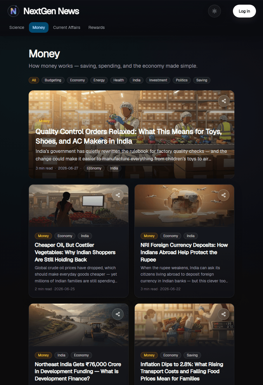 NextGen News Money library with story cards about economics and saving.
