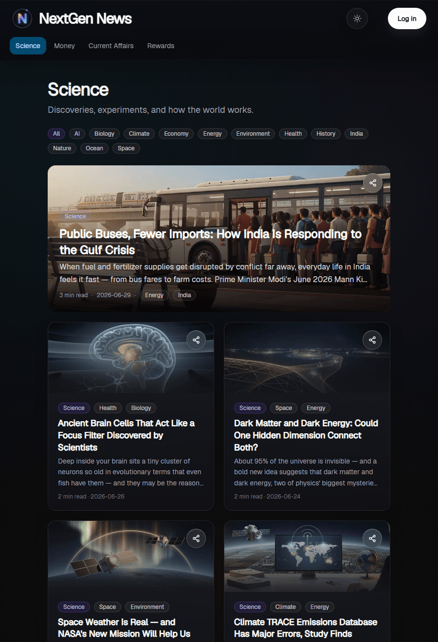 NextGen News Science library with story cards and topic filters.