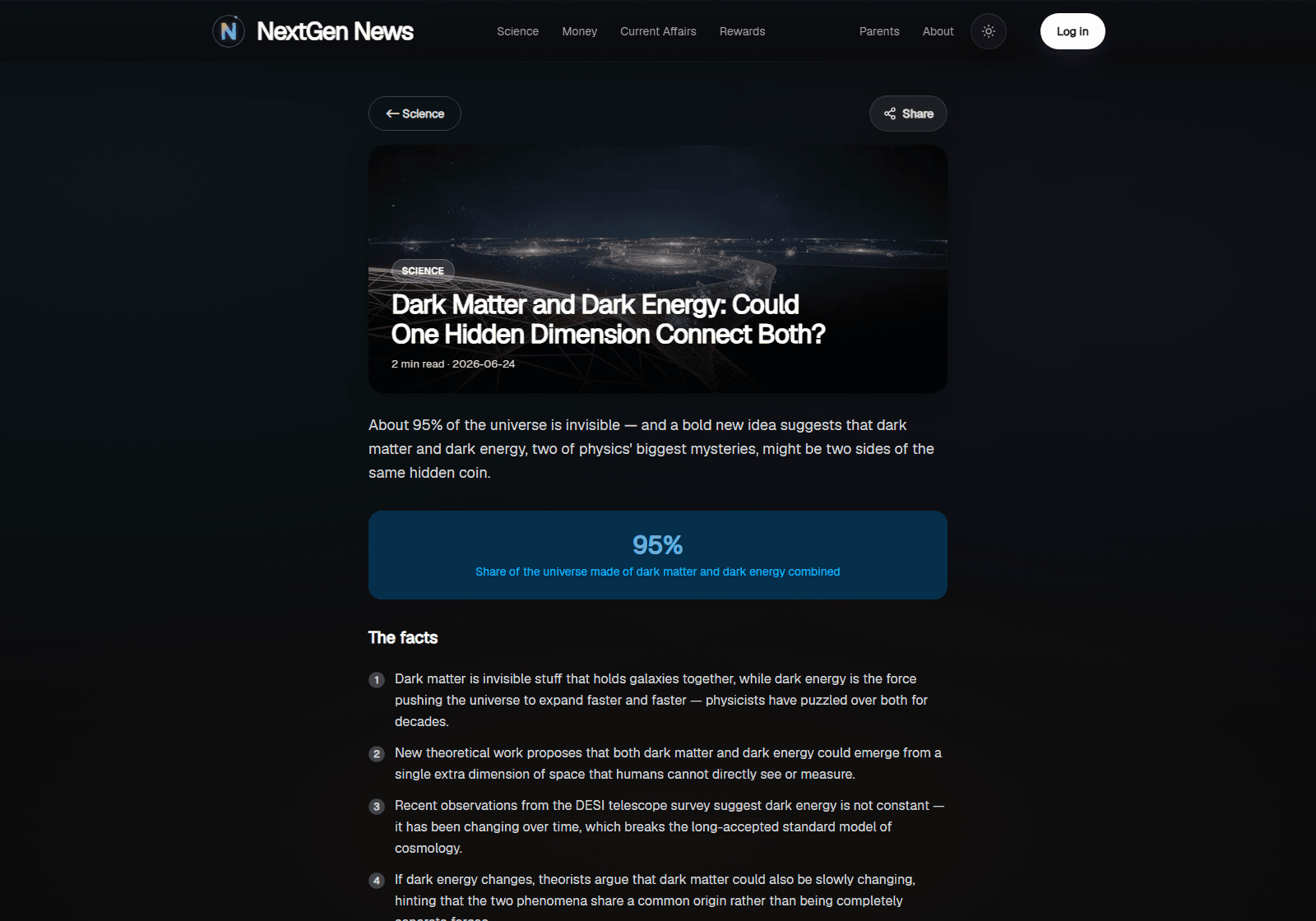 NextGen News story about dark matter and dark energy with key number and facts sections.