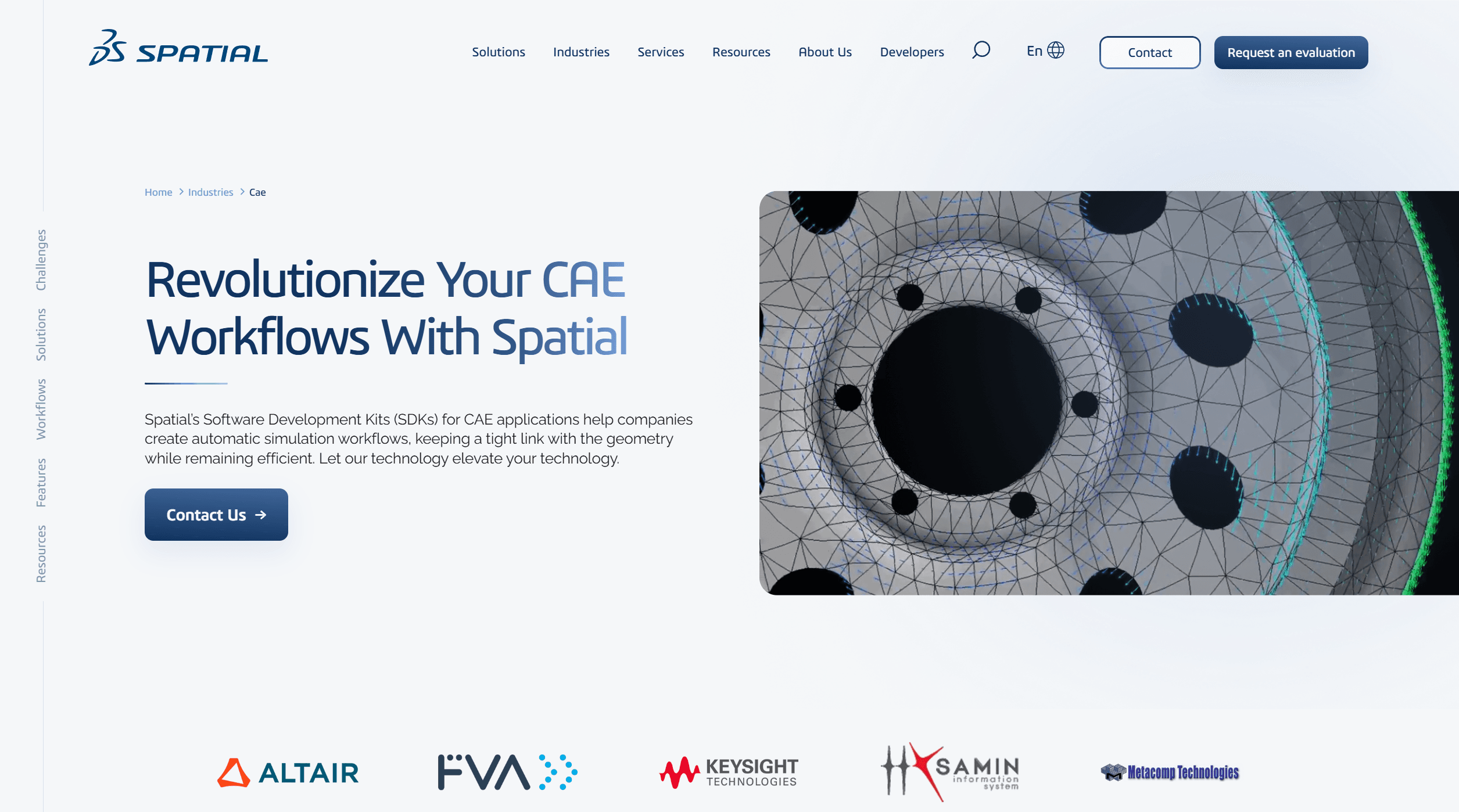 Spatial CAE industry view showing a meshed engineering model.