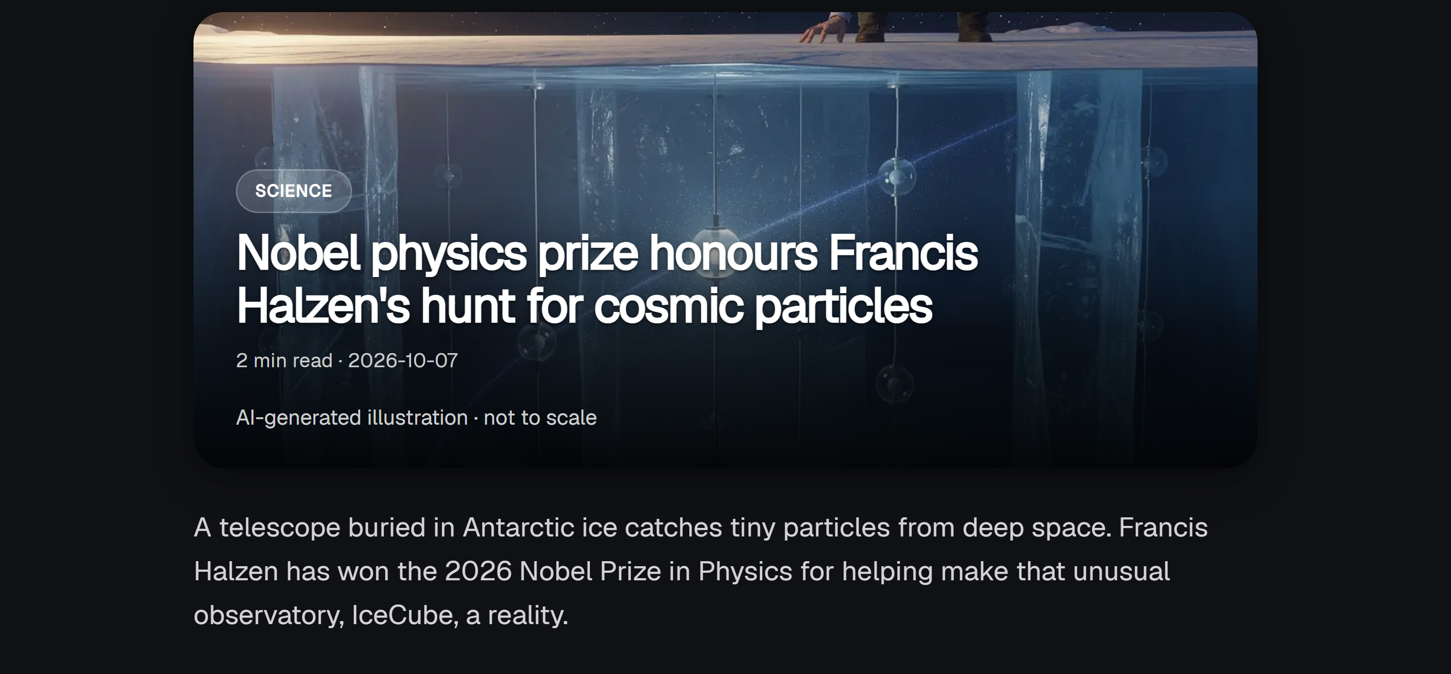 NextGen News Nobel physics article, with its IceCube illustration, headline, and summary (dark mode)