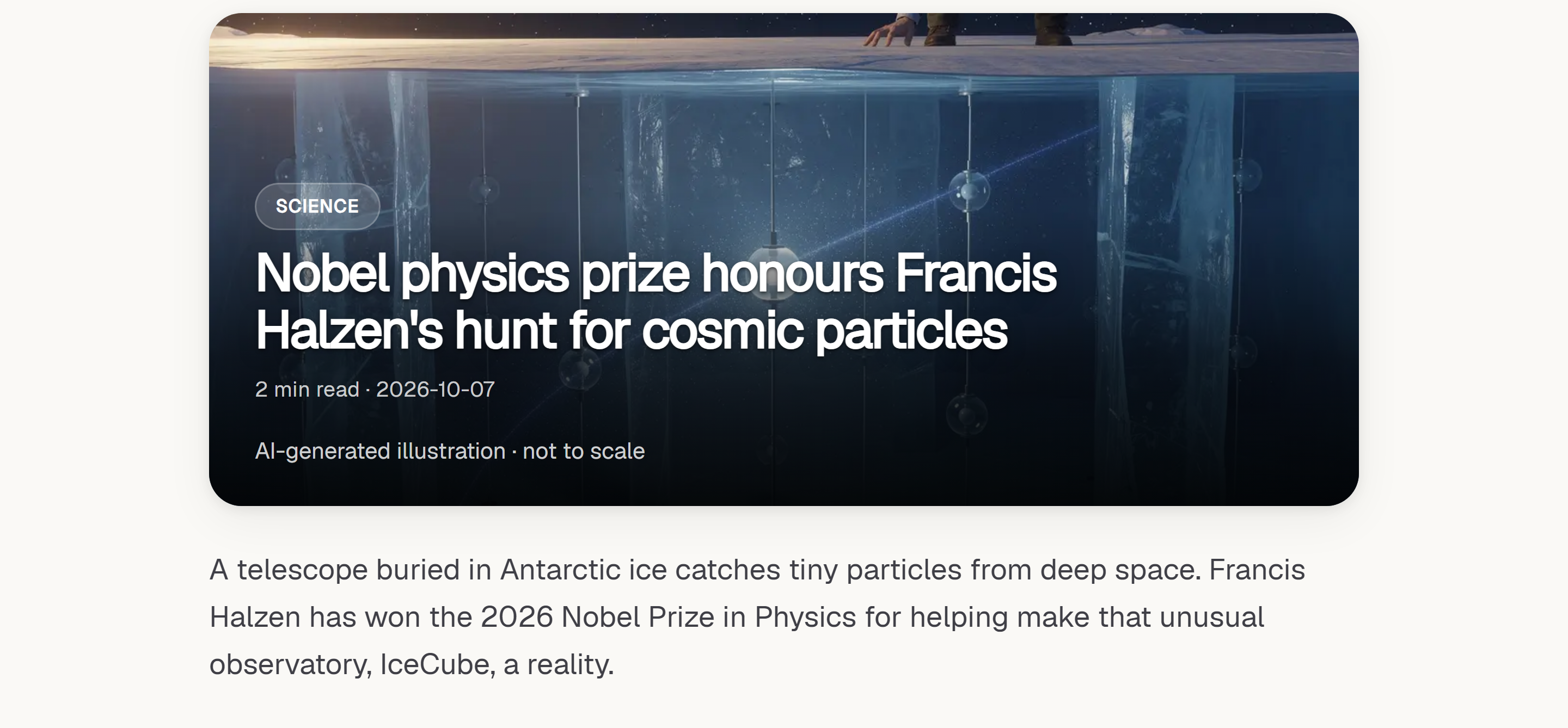 NextGen News Nobel physics article, with its IceCube illustration, headline, and summary (light mode)